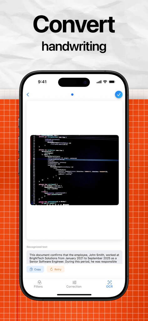 Lens - PDF Scanner and Editor - OCRを使用して手書きテキストをデジタル形式に変換するLensアプリのインターフェース