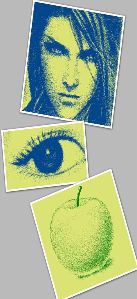 Pointillist - Three examples of pointillism art featuring a portrait an eye and an apple