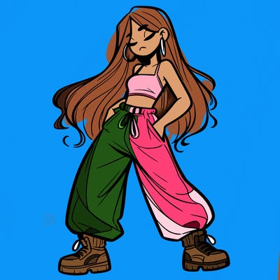 girl in baggy pants crop top and long hair