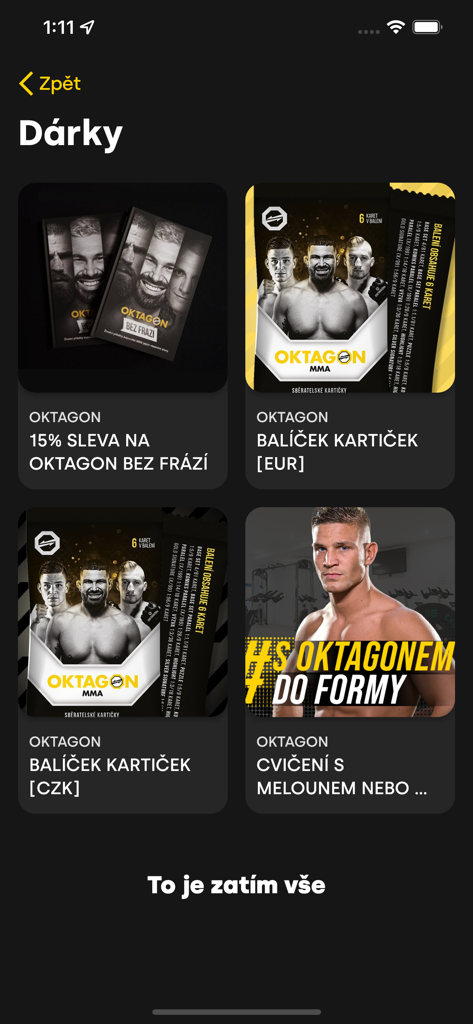 Interface do aplicativo OKTAGON MMA exibindo recompensas e descontos exclusivos para fãs