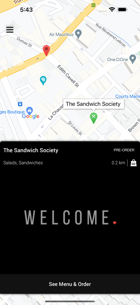 The Sandwich Society - Map interface of The Sandwich Society app showing local restaurant location and welcome screen.