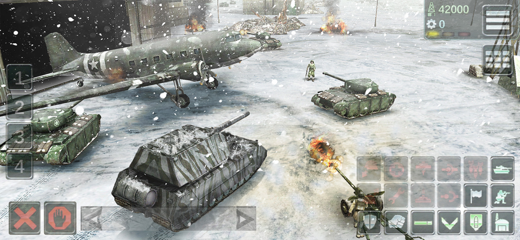 US Conflict — Tank Battles - Real time strategy tank battle gameplay in a snowy environment with military vehicles and aircraft.
