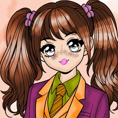 realistic girl with two ponytails and a suit on