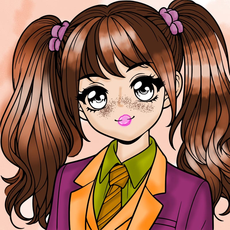 realistic girl with two ponytails and a suit on