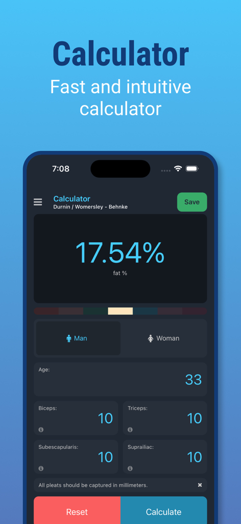 Plixi app interface showing a body fat calculation result and skinfold measurement inputs