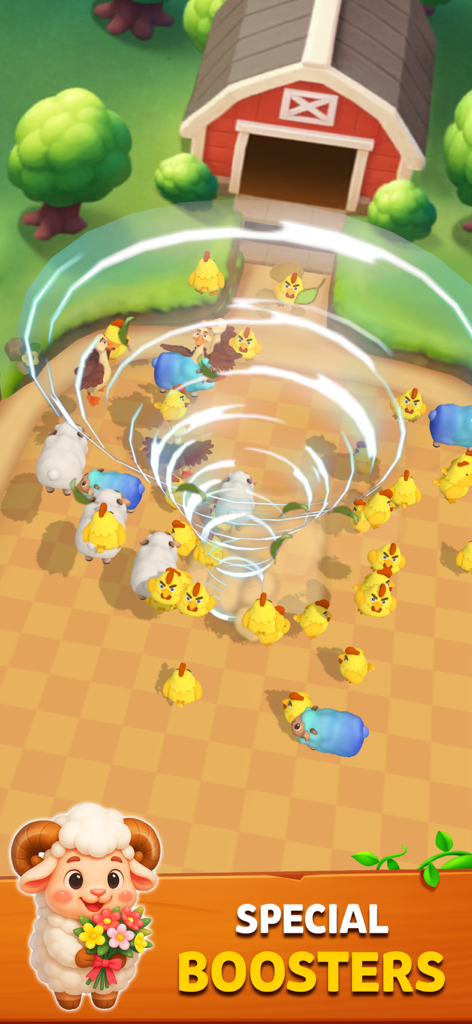 Un tornado potenciador especial limpiando animales en el juego móvil Sheep Out Farm Escape 3D