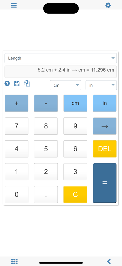 Unit converter MxUnit Pro - MxUnit Pro calculator screen performing a length conversion and addition of centimeters and inches