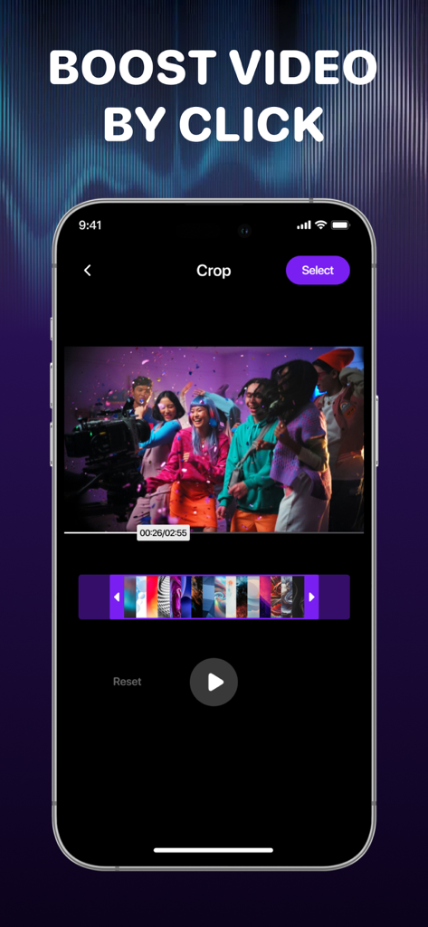 Up Volume Booster: Bass Boost - App interface for boosting video sound with a crop tool and video preview