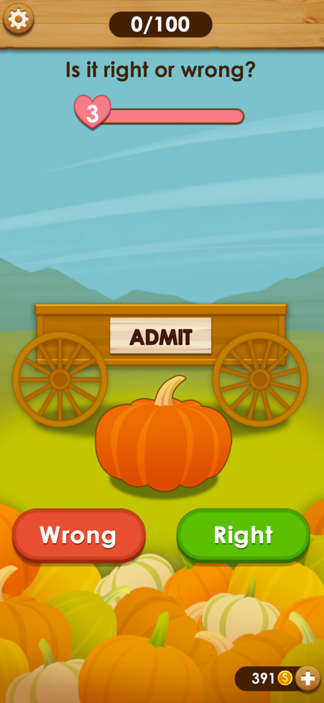 Word Farm Cross - A spelling mini-game in Word Farm Cross featuring a wooden cart with the word ADMIT and a harvest pumpkin theme.