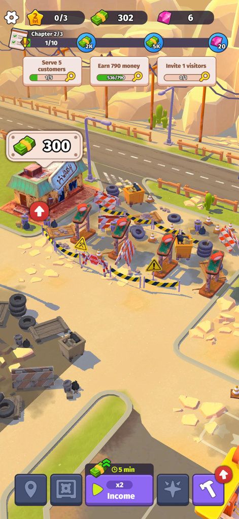 Gameplay view of a desert roadside gas station business under construction in Roadside Empire.