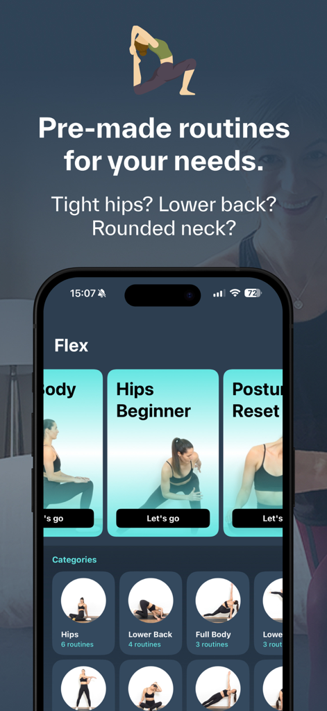 Stretching, Flexibility: Flex - Smartphone affichant l'interface de l'application Flex avec des routines d'étirement ciblées pour les douleurs de hanche et de dos