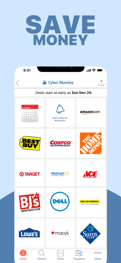 価格比較のためにAmazonやWalmartを含む店舗ロゴがグリッド表示されているCyber Mondayアプリのスクリーンショット。