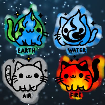 4 cats that represent the different elements, earth, water, air, and fire