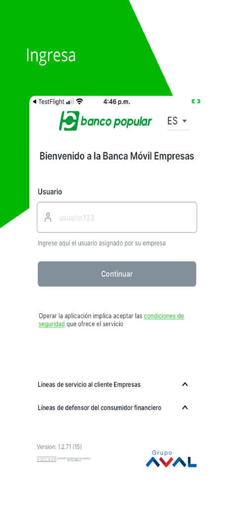 Banco Popular Empresas - Login screen of the Banco Popular Empresas mobile app with a username field and continue button