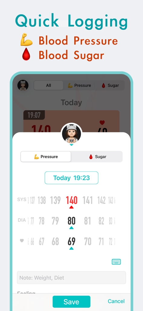 KeepBP - blood pressure app - KeepBP app screen for logging blood pressure and heart rate data