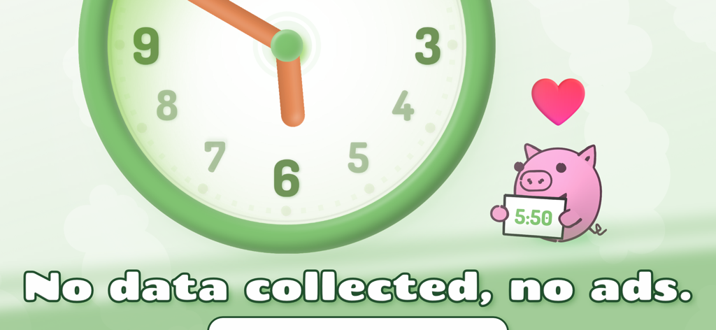 Lil Clock app screen showing an analog clock with a pig character holding a digital time display and text about no ads and no data collection
