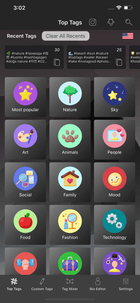 Top Tags: TagsForLikes app - Main screen of the Top Tags app showing a grid of hashtag categories like Nature Fashion and Art for Instagram growth