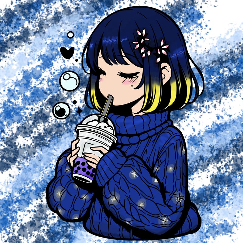 manga girl drinking boba in cozy sweater