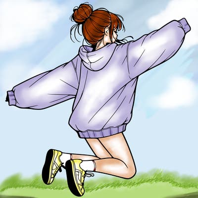 realistic girl jumping with a bun and oversized sweatshirt
