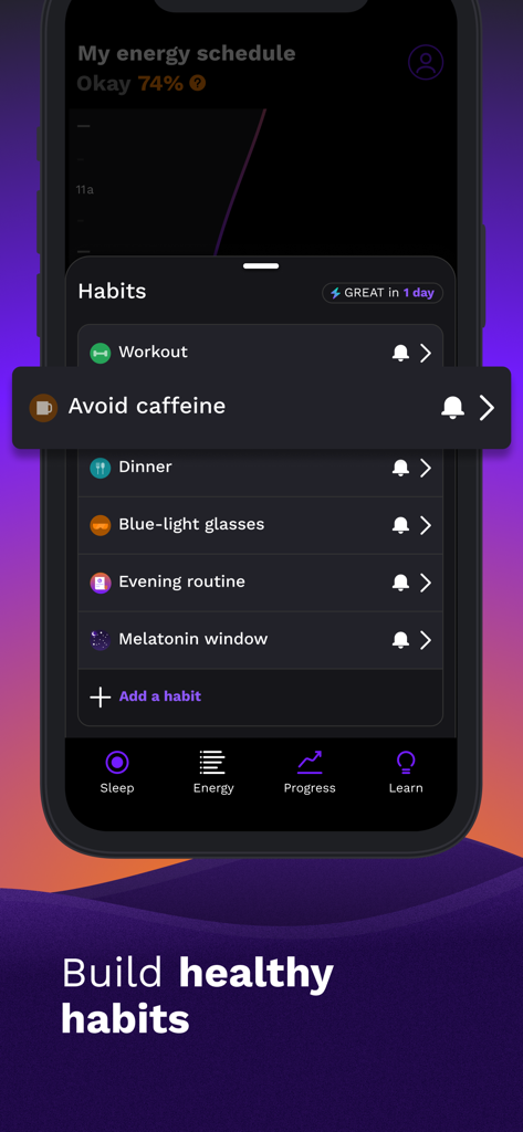 RISE: Sleep Tracker - Interfaz de la aplicación RISE que muestra una lista de hábitos saludables para construir como evitar la cafeína y usar gafas de luz azul