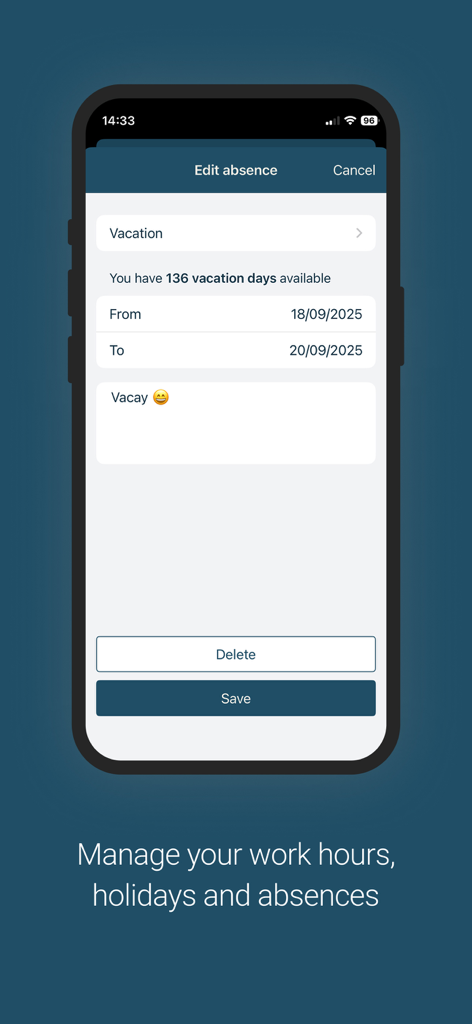 Interface do aplicativo Visma Employee para solicitar férias e gerenciar ausências.