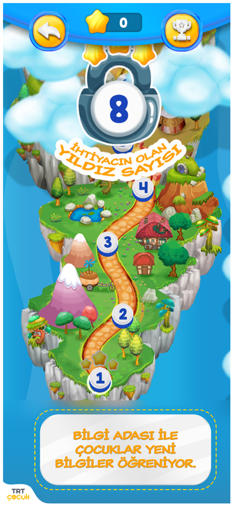 Colorful educational game map for TRT Bilgi Adasi featuring numbered levels and a lock icon on a floating island.
