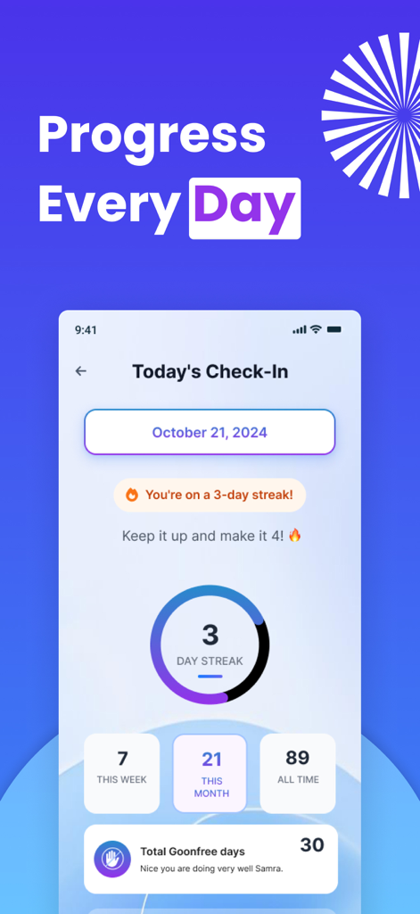 GoonFree - Stop Gooning & Porn - Interface do aplicativo GoonFree mostrando um rastreador de sequência de três dias e estatísticas de progresso diário