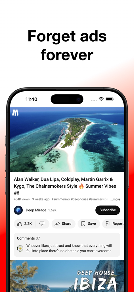 ProTube: Block Ads on Video - Interface do aplicativo ProTube mostrando um reprodutor de vídeo sem anúncios em um iPhone com a legenda "Esqueça os anúncios para sempre."