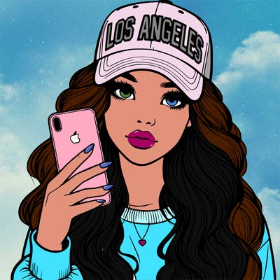 realistic beautiful girl wearing los ángeles cap holding an iphone