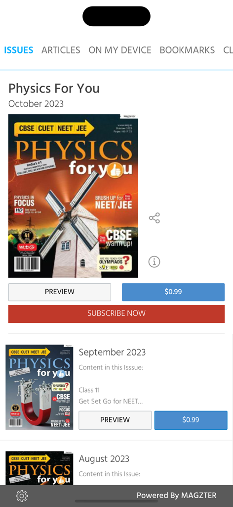 Physics For You - Physics For You mobile app interface showing monthly magazine issues for competitive exam preparation