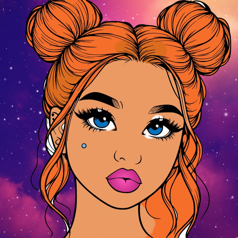 realistic girl with two buns on her hair and lips