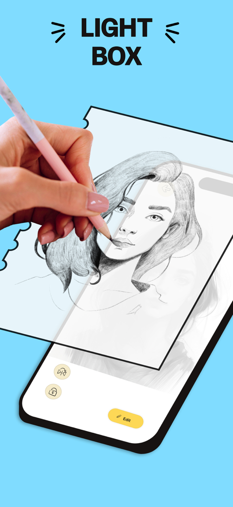 Mão a decalcar um retrato no ecrã de um smartphone usando a aplicação de mesa de luz Trace Table