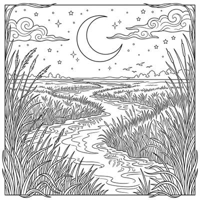 Immerse yourself in the tranquil beauty of a moonlit salt marsh with this detailed coloring page. Bring to life the swaying reeds and winding waters under a star-studded night sky.