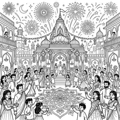 Join a vibrant community in celebrating the spirit of Diwali, the Festival of Lights. This detailed coloring page captures the excitement of crowds gathered with traditional diyas, intricate rangoli, and festive fireworks.