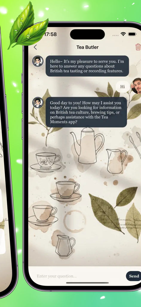 Temon - A chat interface of the Temon app featuring a Tea Butler assistant with elegant tea-related illustrations and sketches.