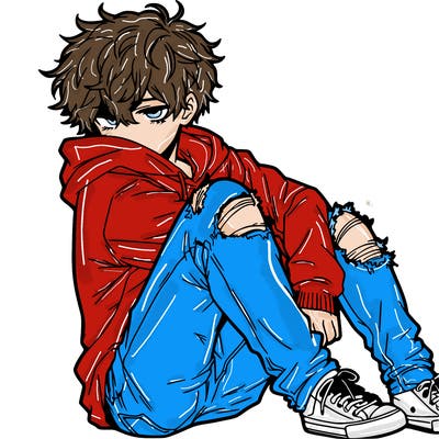 a male hoddie ripped jeans messy hair anime