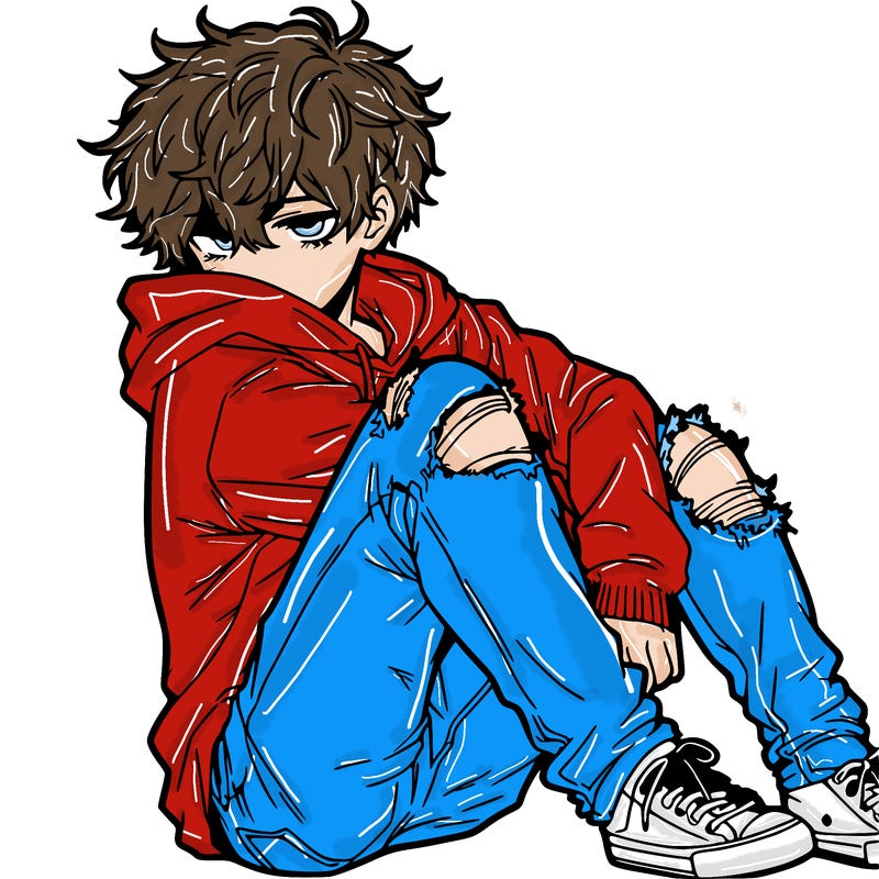 a male hoddie ripped jeans messy hair anime