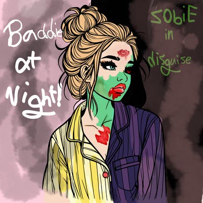 realistic woman with pajamas on and a messy bun