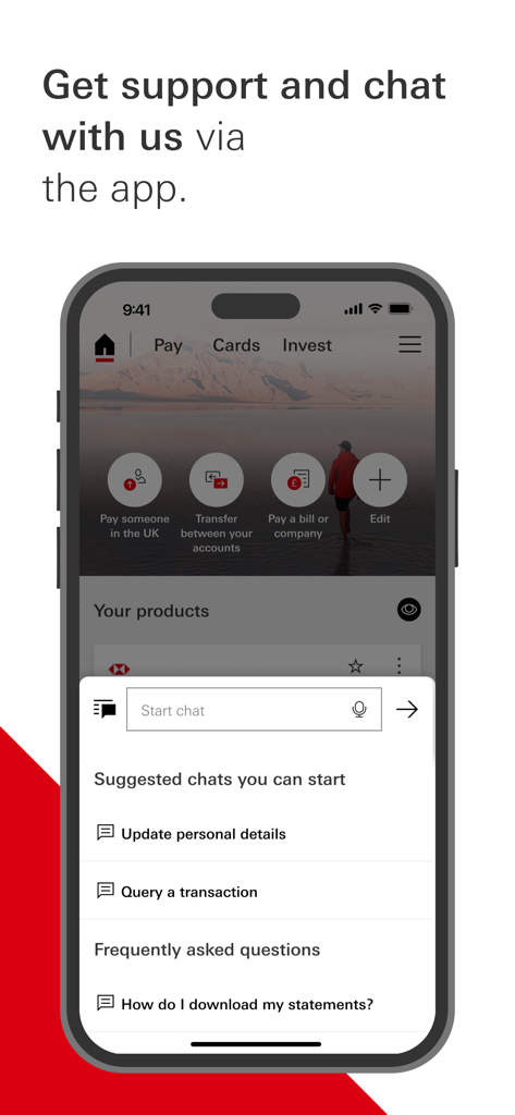 HSBC UK Mobile Banking - HSBC UKモバイルバンキングアプリ内のアプリ内チャットおよびサポートインターフェース。