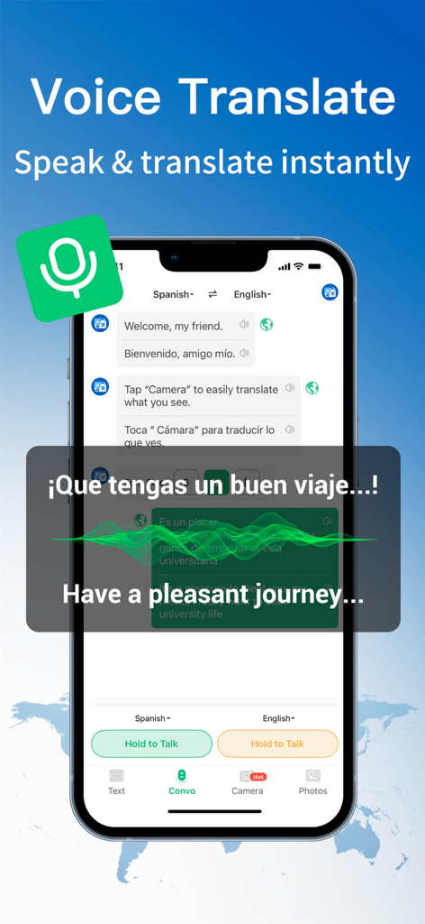 Global Translator-AI Translate - Smartphone screen showing the voice translation feature of the Global Translator AI app translating Spanish to English