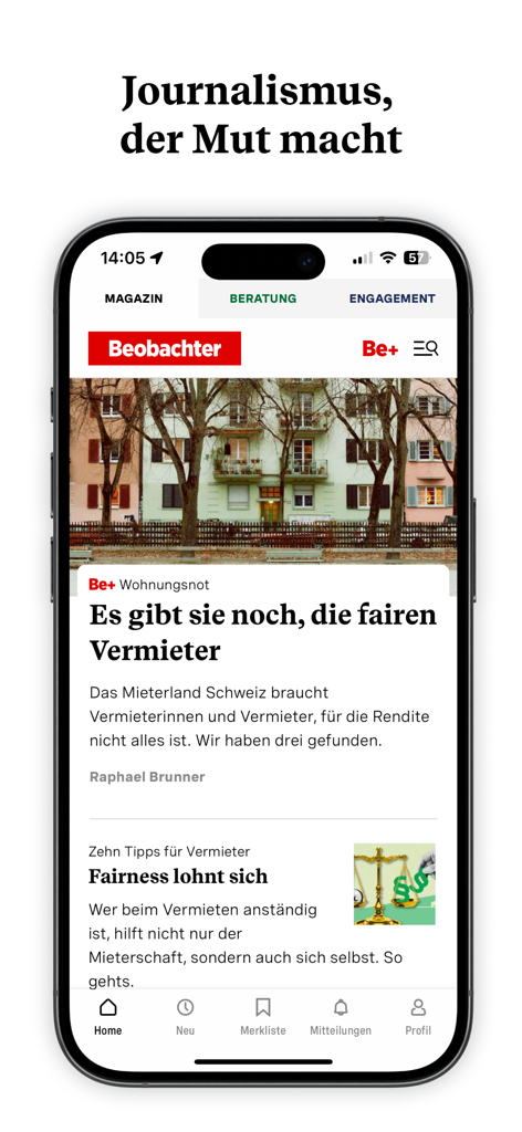 Beobachter - iPhone screen displaying the Beobachter app homepage with news articles about social justice and legal advice.