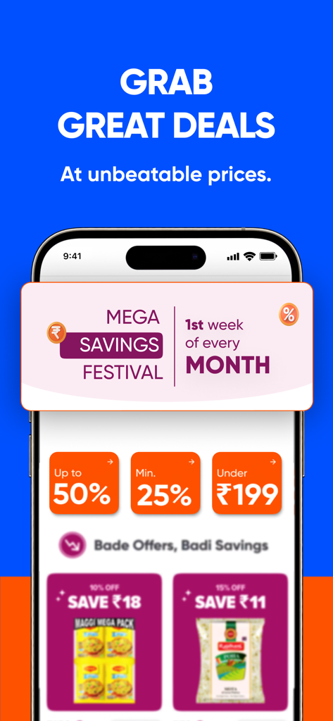 Instamart: Groceries & more - Interface do aplicativo móvel Instamart mostrando festival de mega economia e descontos em mercearia