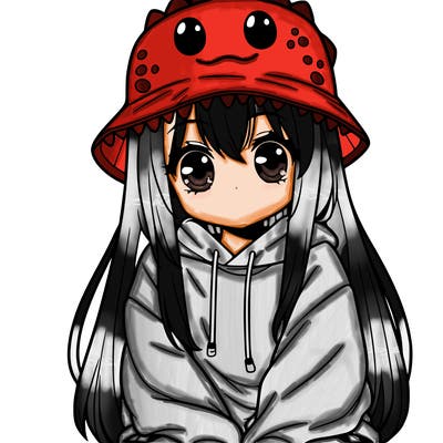 girl with anime shaped eyes with a dinosaur bucket hat oversized sweatshirt long straight hair