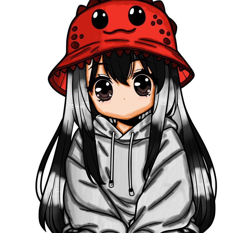 girl with anime shaped eyes with a dinosaur bucket hat oversized sweatshirt long straight hair