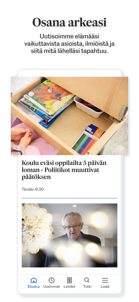 Karjalainen - Captura de pantalla de la interfaz de la app de noticias Karjalainen que muestra historias de noticias locales finlandesas.