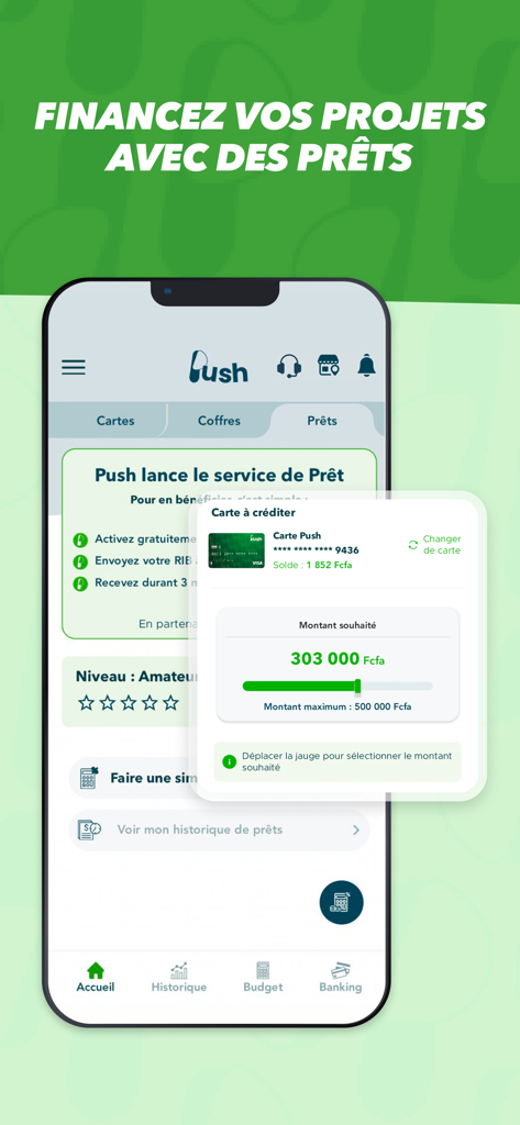 Push CI - Écran de l'application mobile Push CI montrant la demande de prêt et les options de financement