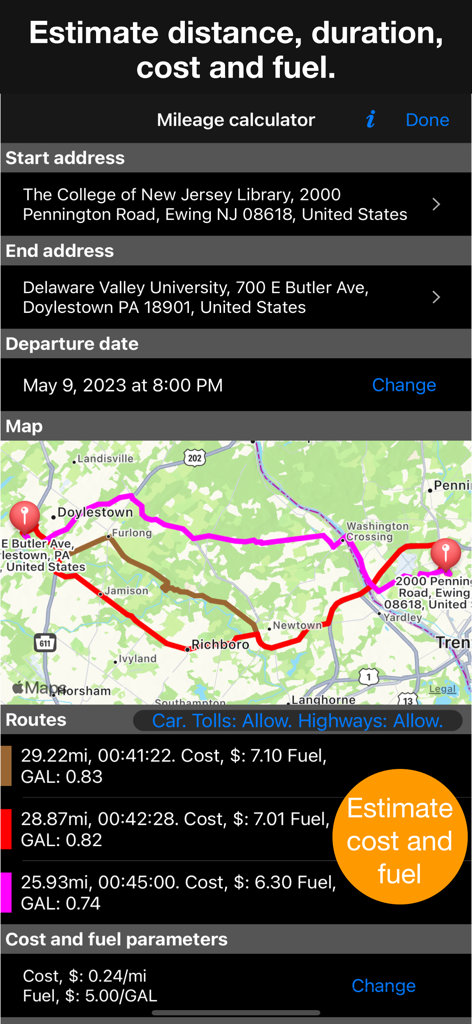 Speedometer 55 app interface for mileage calculator showing fuel consumption and trip cost estimates