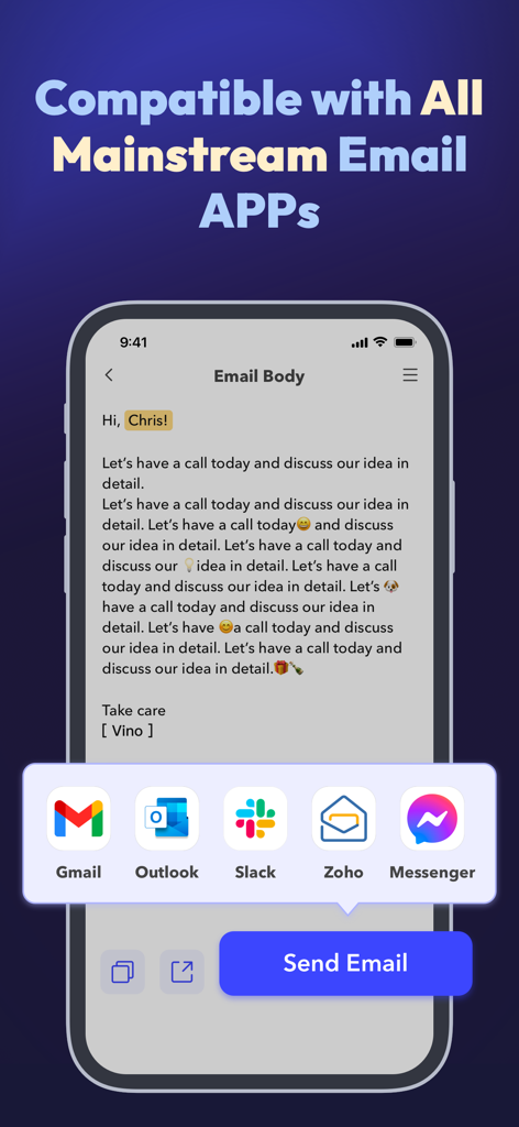 AI Email Generator: Xemail - Interfaz de la aplicación Xemail que muestra compatibilidad con Gmail Outlook Slack Zoho y Messenger para enviar correos generados por IA