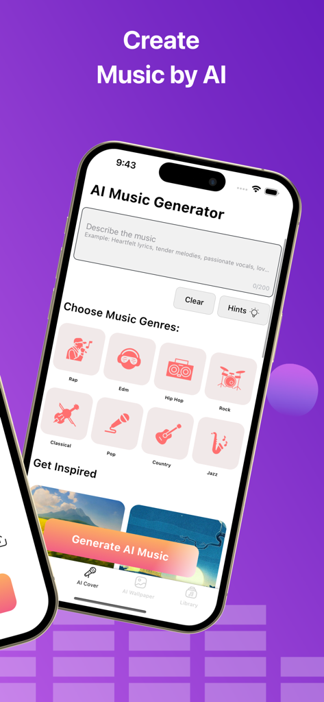 Interface do aplicativo gerador de música IA mostrando prompt de texto para música e gêneros musicais