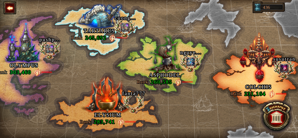 Hero Wars - stick fight - TCG - Epic Heroes War world map showing player rankings across fantasy regions like Olympus and Tartarus
